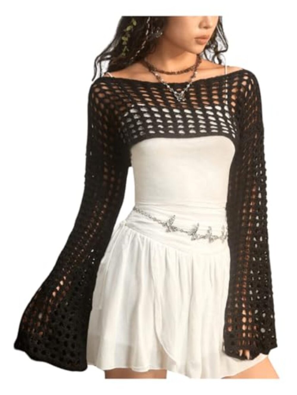 Y2K Crochet Knit Shrug Bolero Women Hollow Out Long Sleeve Boat Neck Crop Top